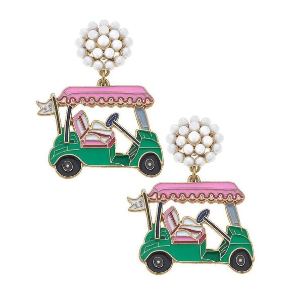 Canvas Style Jewelry - 19th Hole Golf Cart Enamel Earrings in Pink & Green